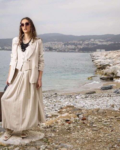 Σακάκι λινό σπαγκί με ψιλή ρίγα