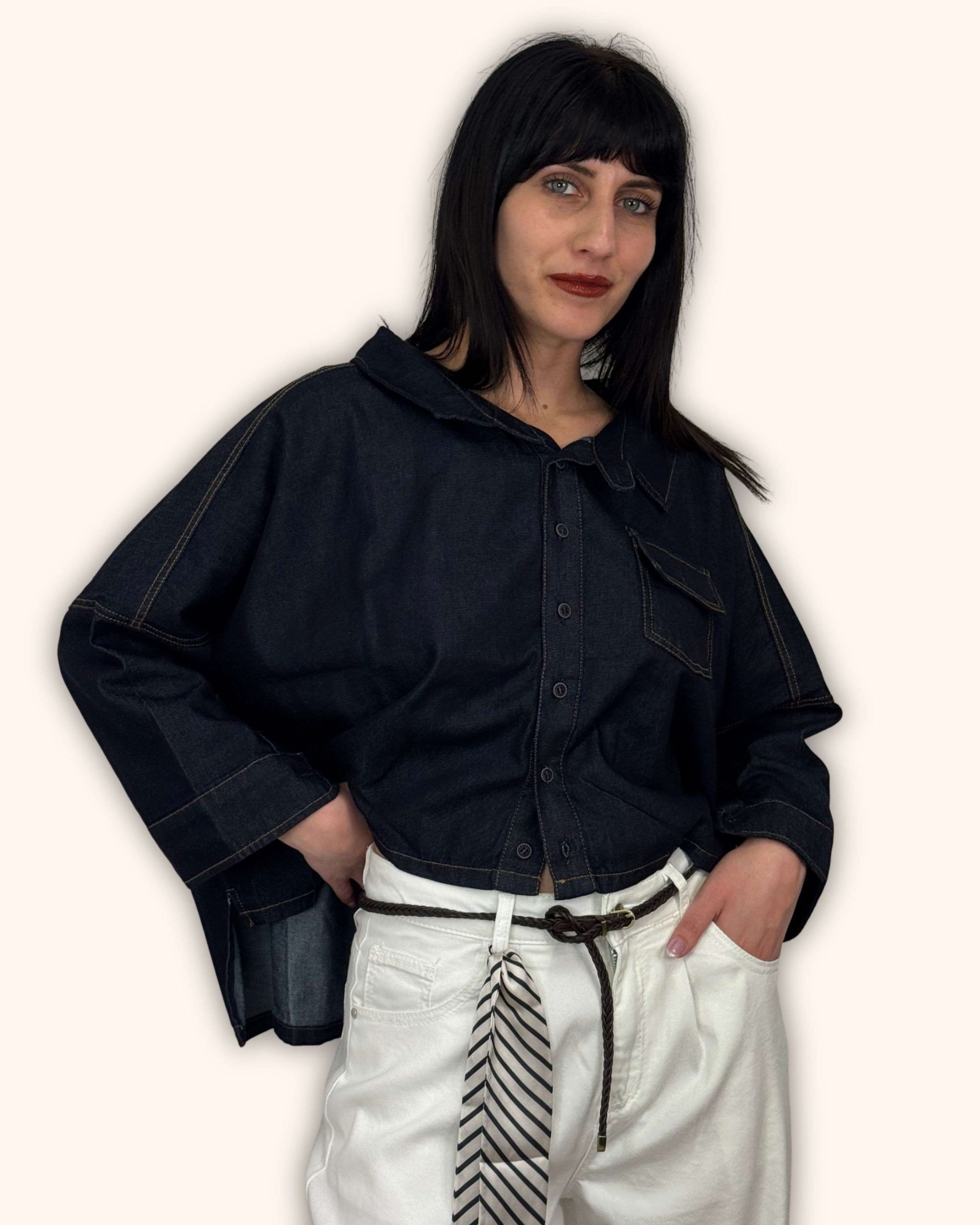 Cropped Denim Πουκάμισο Σε Oversized Γραμμή