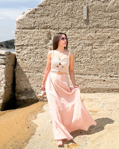 Μάξι Φόρεμα Cut-Out με Ανάγλυφες Λεπτομέρειες – Ροζ Απαλό