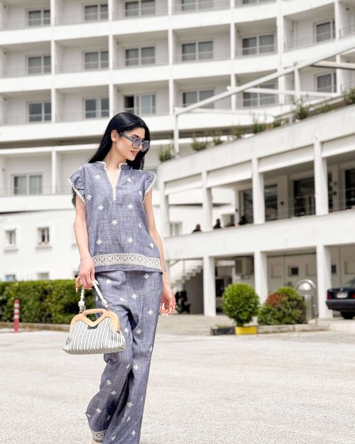Σετ Μπλούζα & Παντελόνα με Ethnic Κεντήματα – Denim Blue