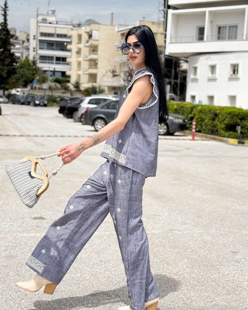 Alternative view of Σετ Μπλούζα & Παντελόνα με Ethnic Κεντήματα – Denim Blue