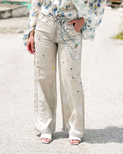 Boho Wide-Leg Τζιν Παντελόνι με Κεντήματα & Διακόσμηση από Κοχύλια