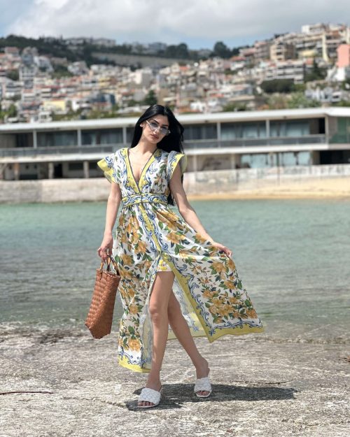 Maxi Φόρεμα με Sicily Print, Βολάν στα Μανίκια & Άνοιγμα