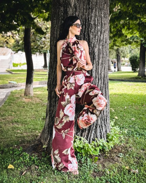 Γυναικείο Σετ Floral – Halter Top & Παντελόνα Μπορντό