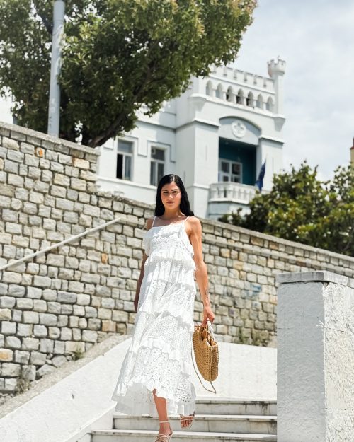 Λευκό Μάξι Broderie Φόρεμα με Βολάν
