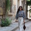 Ψηλόμεσο τζιν παντελόνι Wide-Leg γκρι - μπεζ με αντίθεση στις ραφές καφέ - Image 2