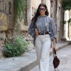 Ψηλόμεσο τζιν παντελόνι Wide-Leg γκρι - μπεζ με αντίθεση στις ραφές καφέ - Image 3