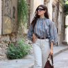 Ριγέ Oversized Πουκάμισο με Φουσκωτά Μανίκια & Μάο Γιακά – Μπλε / Καφέ - Image 3