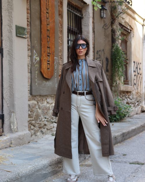 Oversized Καμπαρντίνα με Σταυρωτό Κούμπωμα & Ζώνη – Καφέ / Taupe