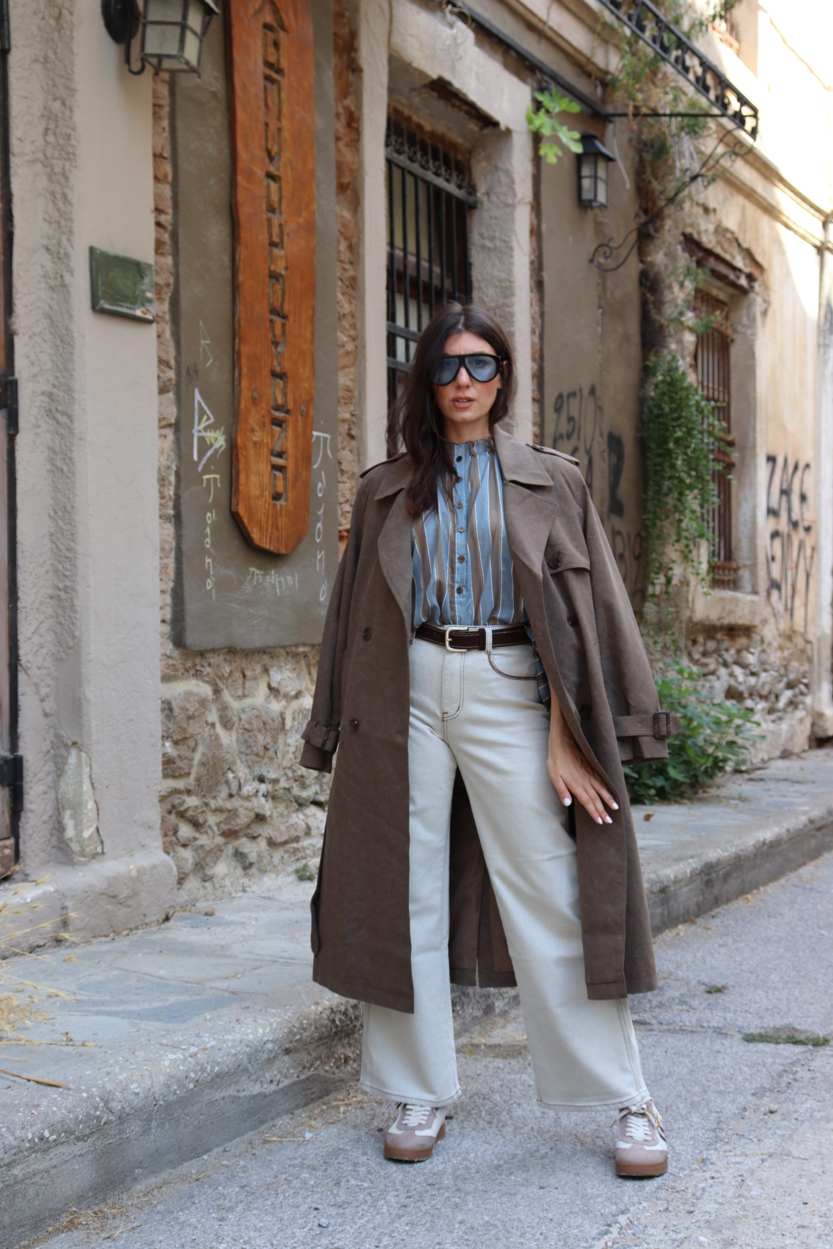 Oversized Καμπαρντίνα με Σταυρωτό Κούμπωμα & Ζώνη – Καφέ / Taupe