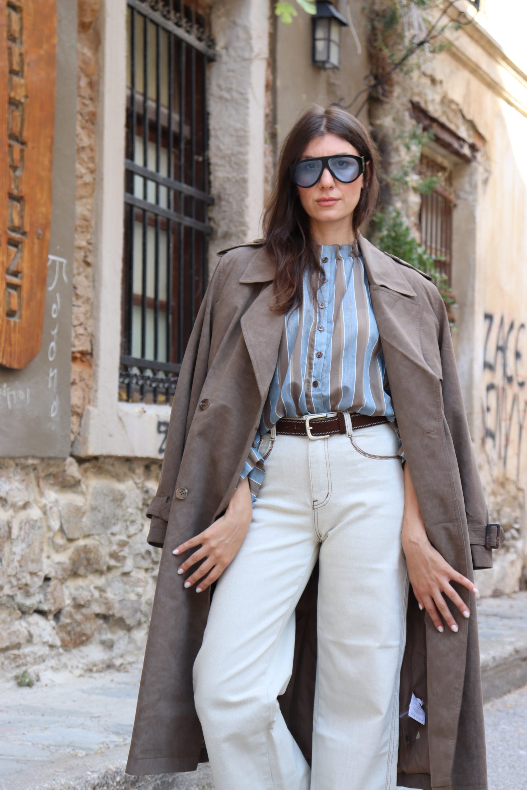 Oversized Καμπαρντίνα με Σταυρωτό Κούμπωμα & Ζώνη – Καφέ / Taupe - Image 3