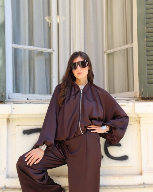 Γυναικείο Σατέν Bomber Jacket με Oversized Μανίκια / Καφέ Σκούρο
