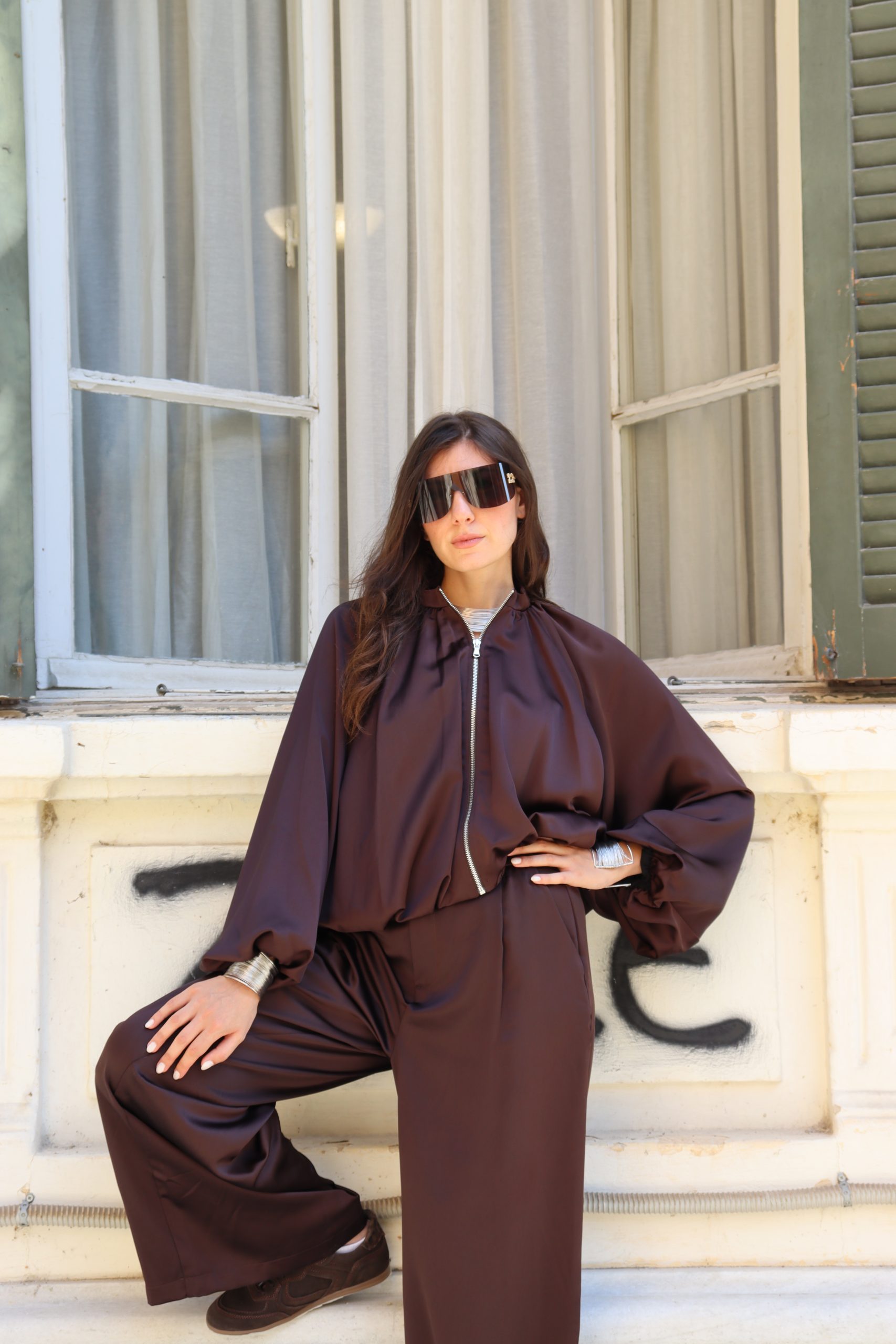 Γυναικείο Σατέν Bomber Jacket με Oversized Μανίκια / Καφέ Σκούρο