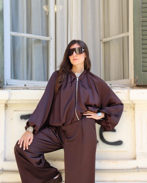 Alternative view of Γυναικείο Σατέν Bomber Jacket με Oversized Μανίκια / Καφέ Σκούρο