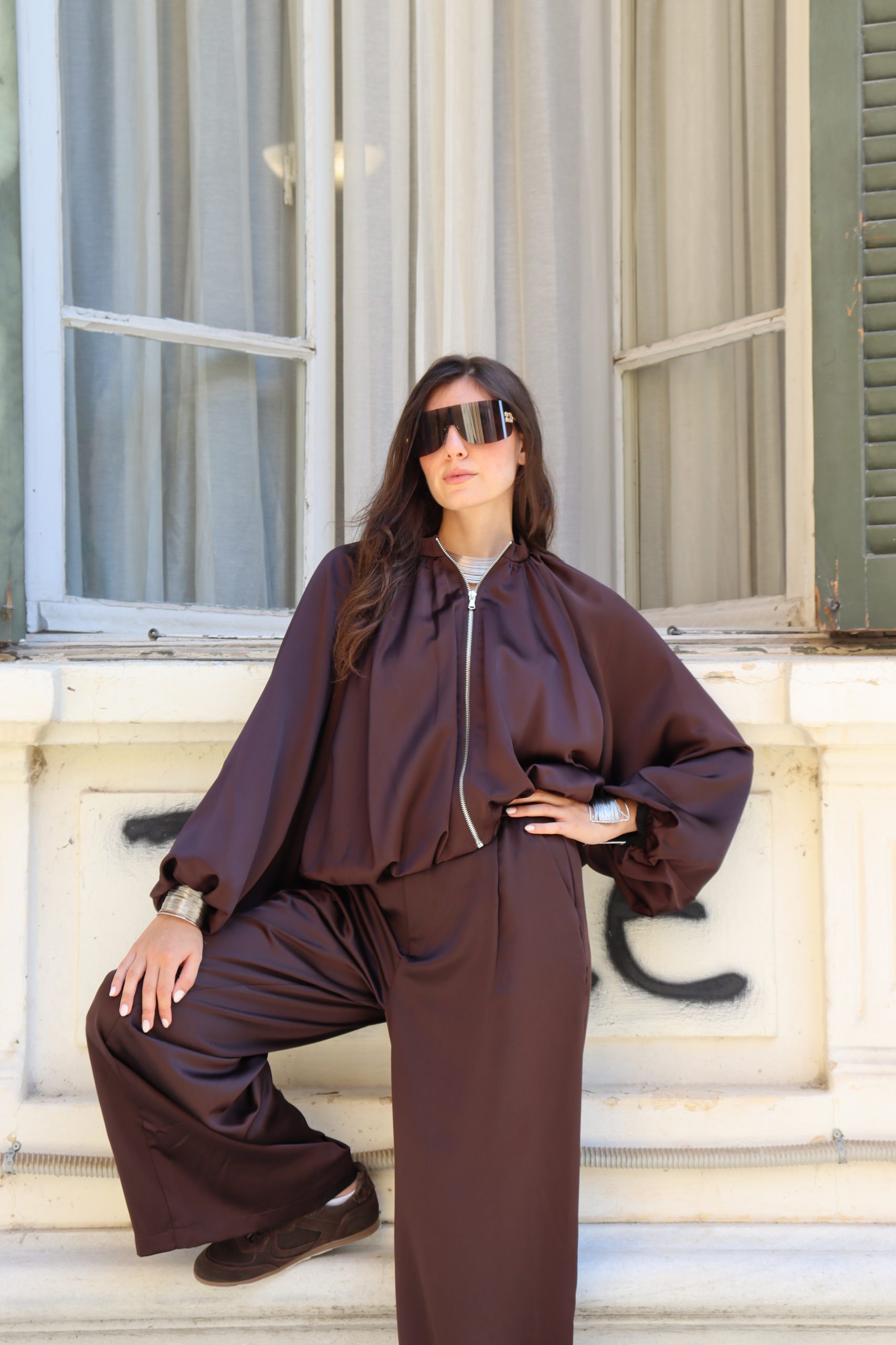 Γυναικείο Σατέν Bomber Jacket με Oversized Μανίκια / Καφέ Σκούρο - Image 2