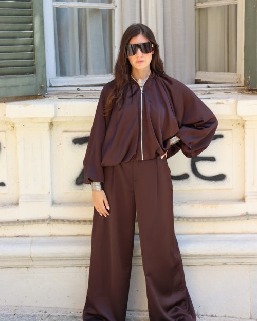 Γυναικεία Σατέν Παντελόνα Wide-Leg / Καφέ Σκούρο