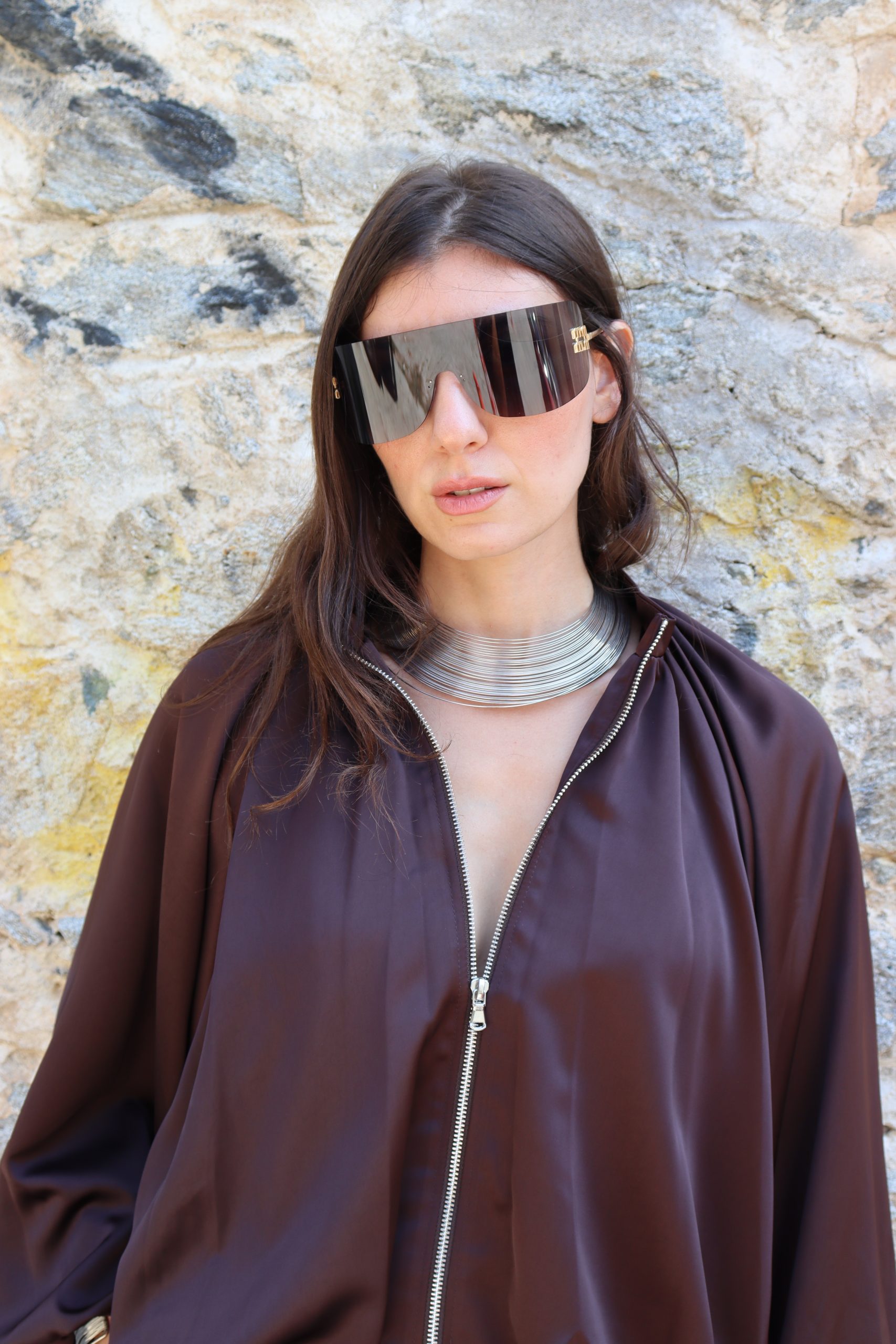 Γυναικείο Σατέν Bomber Jacket με Oversized Μανίκια / Καφέ Σκούρο - Image 3