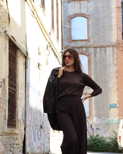 Γυναικείο Ψηλόμεσο Υφασμάτινο Παντελόνι Wide-Leg / Καφέ Σκούρο