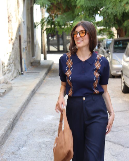Γυναικείο Πλεκτό Polo Τοπ με Σχέδιο Ρόμβους / Σκούρο Μπλε