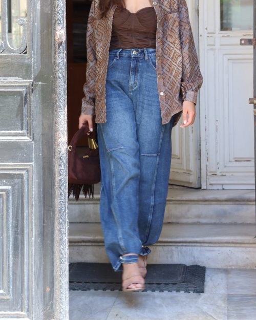 Ψηλόμεσο Barrel leg Jeans με διακοσμητικές ραφές – μπλε denim