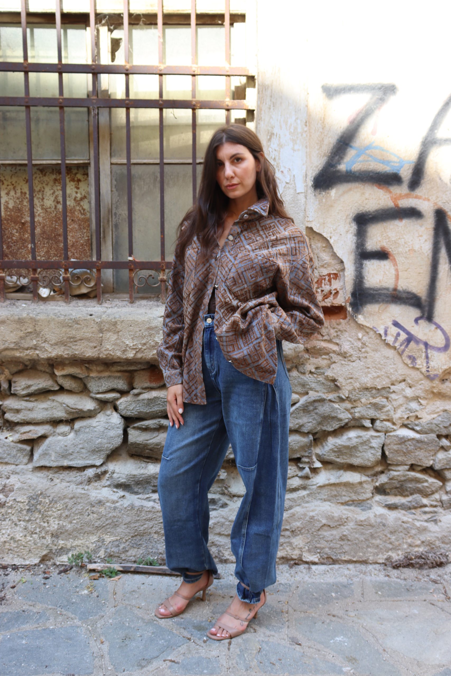 Ψηλόμεσο Barrel leg Jeans με διακοσμητικές ραφές – μπλε denim - Image 3