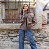 Oversized τζάκετ-πουκάμισο (shacket) με γεωμετρικό μοτίβο / καφέ-μπλε γκρι - Image 4