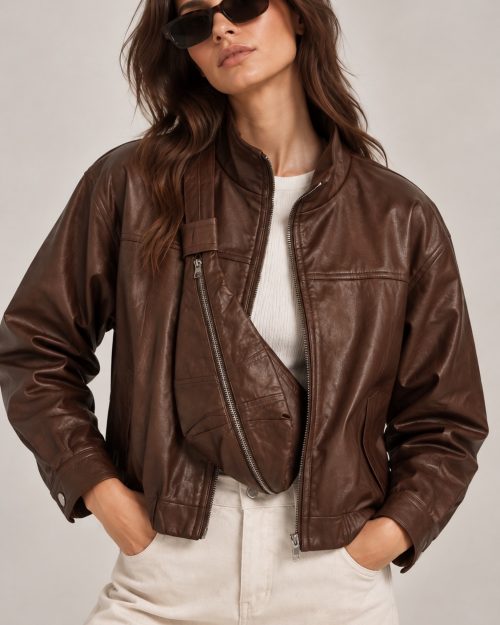 Oversized Bomber Jacket & ασορτί belt bag (σετ 2 τεμαχίων) – Καφέ