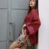 Oversized Ημιδιάφανο Κιμονό με Παραδοσιακά Κουμπιά – Μπορντό / Βαθυκόκκινο - Image 3